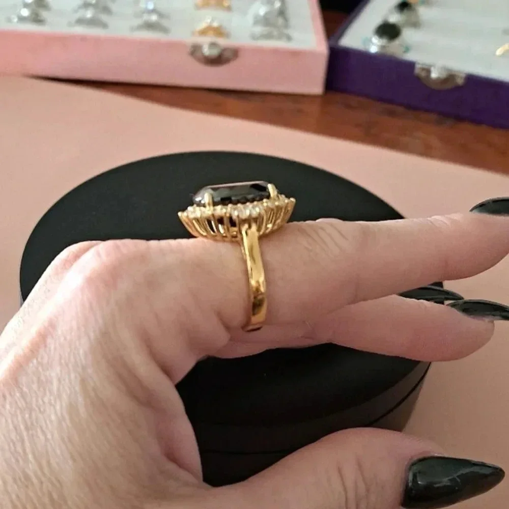 Elite Shungite and Natural White Zircon Halo Ring In 18kt YG Vermeil